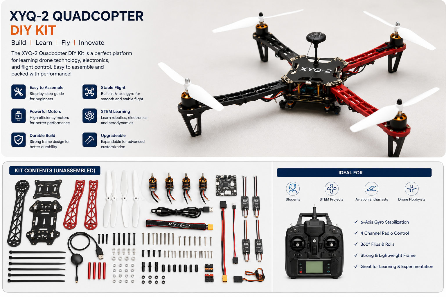 XYQ-2 Quadcopter DIY kit with propellers, motors, ESCs, flight controller, radio transmitter and full component set.