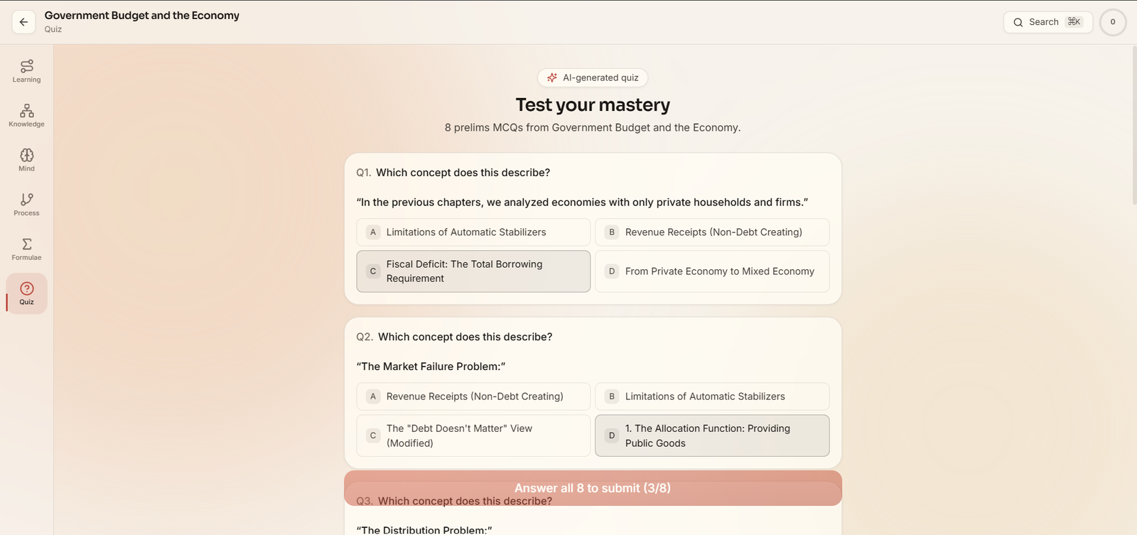 AI-generated 8-question mastery quiz for the chapter with multiple-choice options.