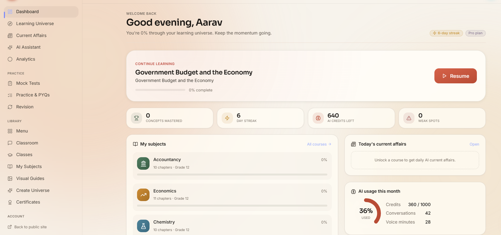 Learning Universe dashboard: greeting, six-day streak, 640 AI credits, six-subject continue list and current-affairs card.