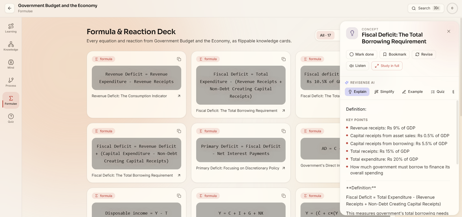 Formula and reaction deck with 17 flippable cards for the chapter, alongside an AI explanation sidebar for Fiscal Deficit.