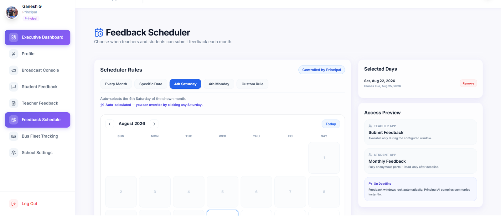 Feedback scheduler with calendar and rule presets for monthly student and teacher feedback windows.