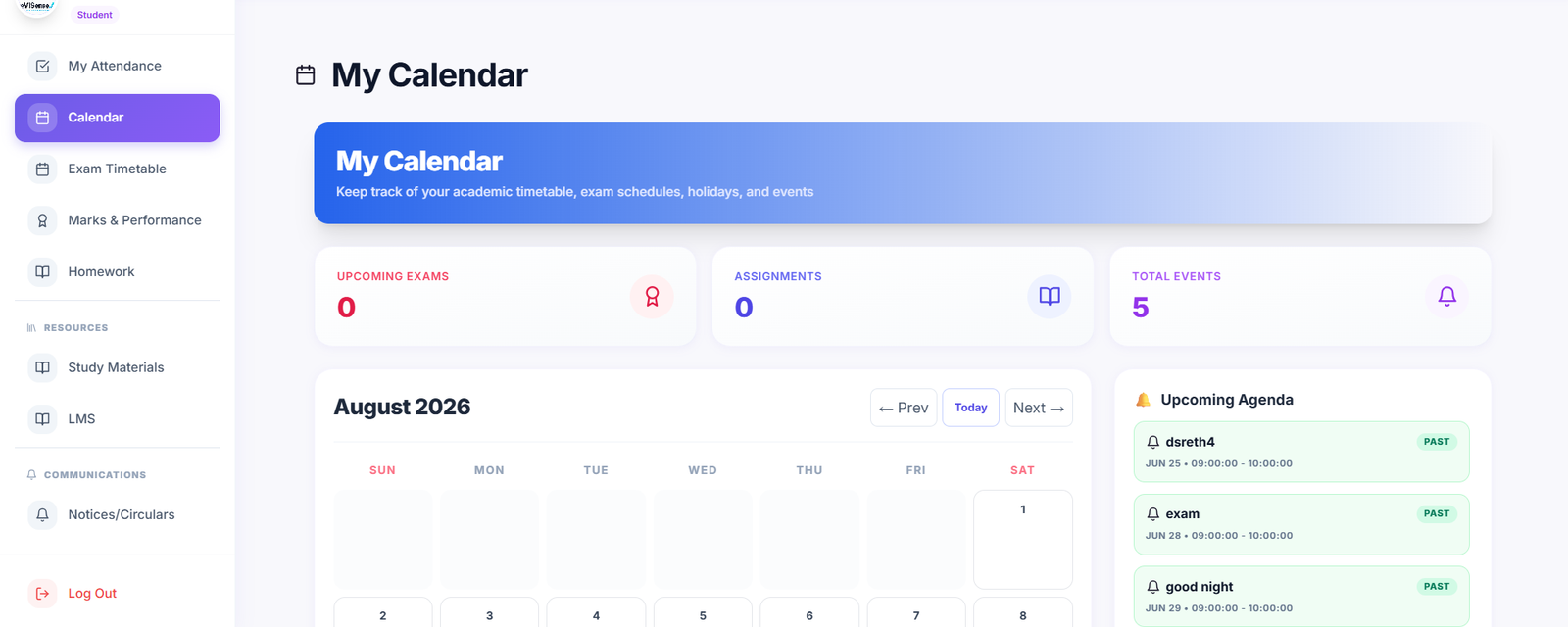 Student calendar with upcoming exams, assignments and agenda for the month.